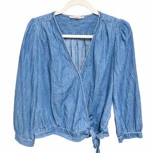 EUC ~ MADEWELL 100% Cotton Soft Chambray Wrap Top Blouse Tie Waist *Size Large*